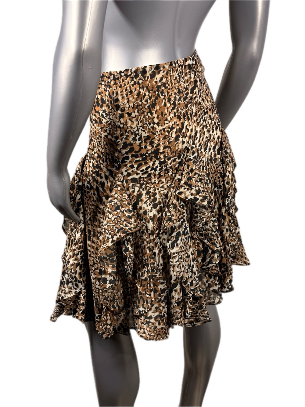 Lauren Ralph Lauren | Black Brown Georgette Skirt Leopard Ruffle Midi - Picture 7 of 14